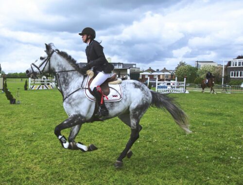 woman riding white black horse on green lawn during daytime